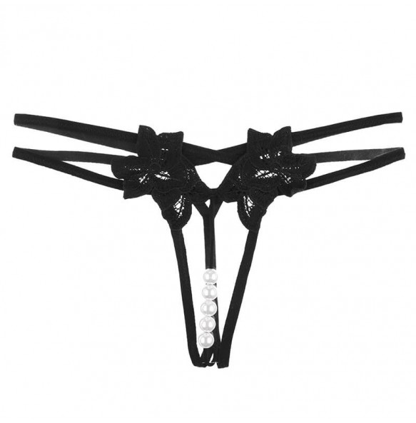 FEE ET MOI - Beaded Floral Open-Crotch Panties Bikini (Black)